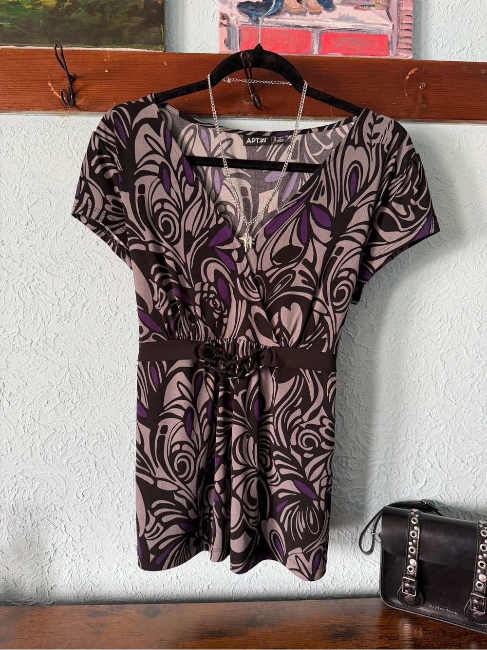 Apt. 9 Purple and Black Abstract V-Neck belt- Waist Tunic